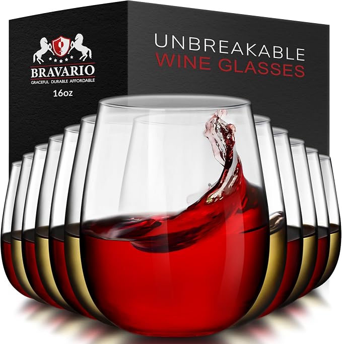 Bravario Unbreakable Stemless Plastic Wine Glasses | Reusable | Shatterproof by Bravario