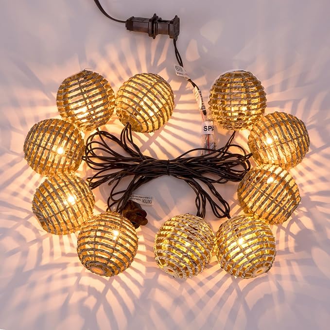 Decorative Outdoor Patio String Lights, Seagrass Rattan Wire Ball Style Lantern - Image 7