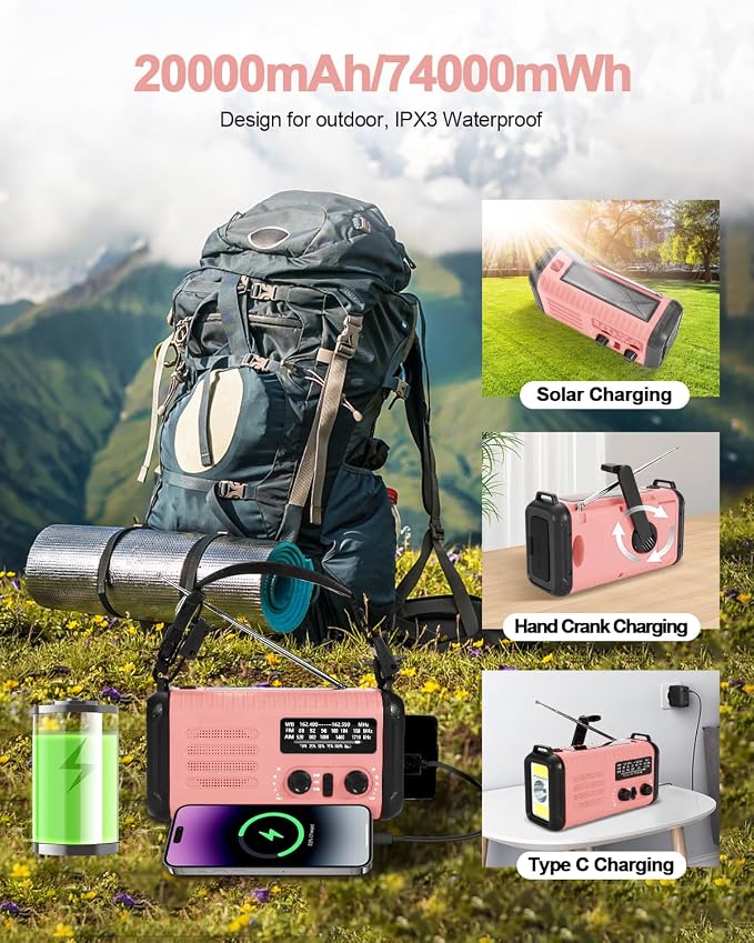 Emergency Crank Radio, 20000mAh / 74000mWh Solar Hand Crank Weather Radio - Image 9