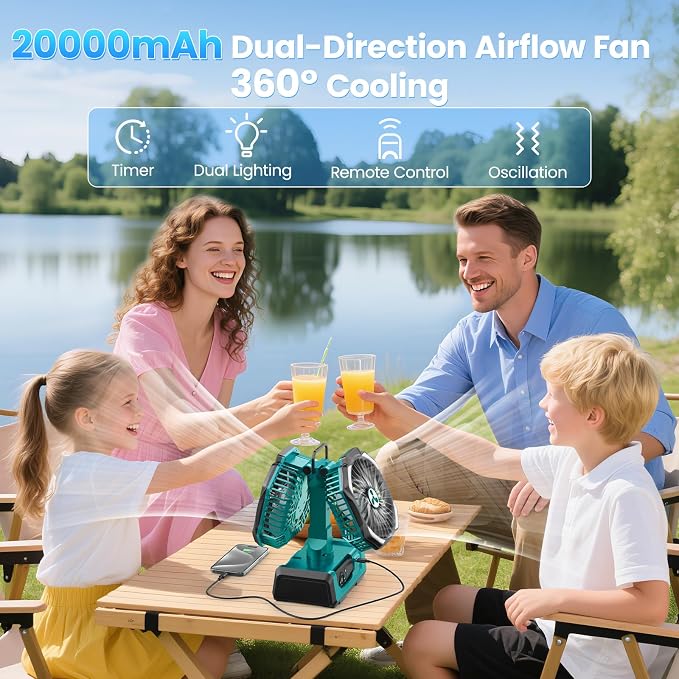 Dual Head Portable Rechargeable Fan 20000mAh Battery Powered Fan Camping - Image 2