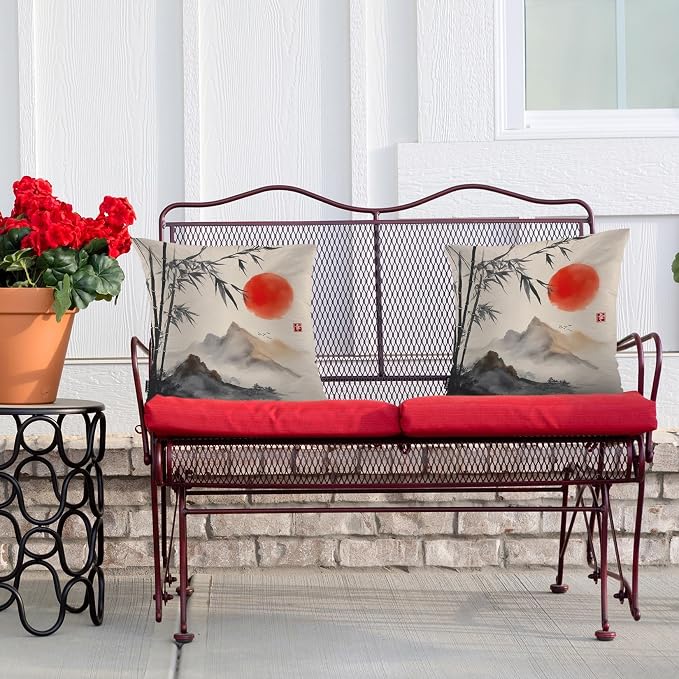Swono Outdoor Pillow Covers Bamboo, Japanese Bamboo Trees Mountains Red Sun - Image 4