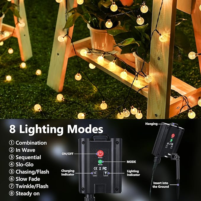Joomer Solar String Lights Outdoor, 65FT 100LED Globe String Lights 8 Lighting - Image 4