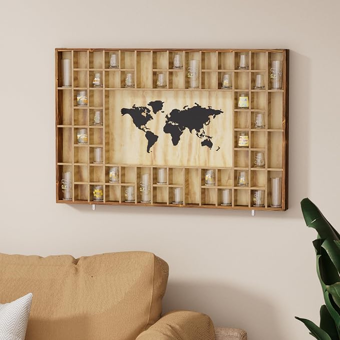 68 Large World Map Shot Glass Display Case Rustic Shot Glass Holder 37x 24.4in - Image 6