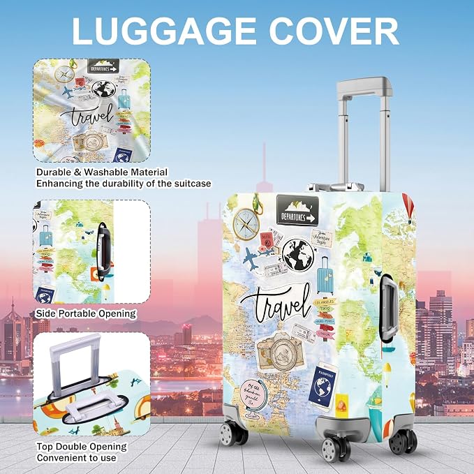 ANNA QUEEN Travel Collage Luggage Cover, World Map & Sticker Style Suitcase - Image 2