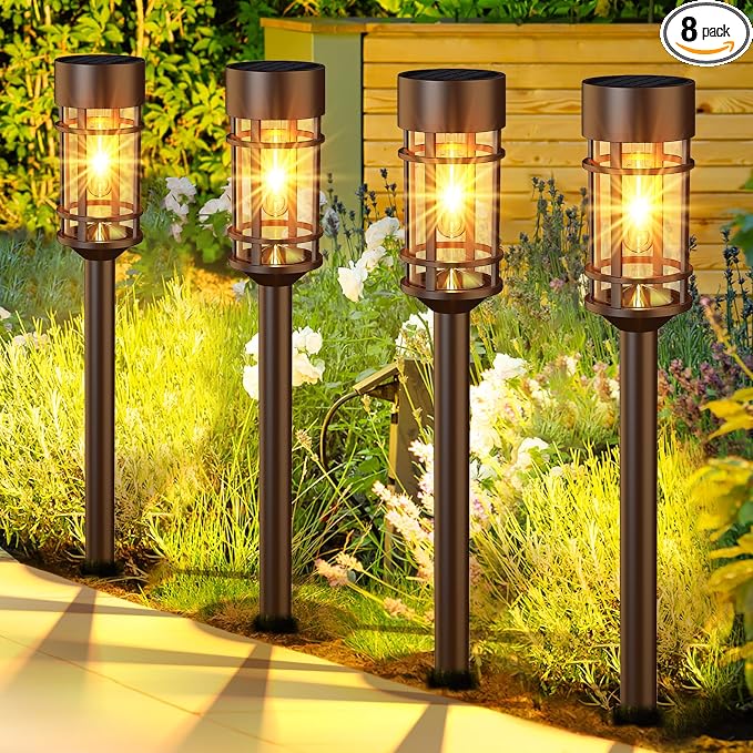 ILANCK Solar Pathway Lights Outdoor Solar Lights 8 Pack Metal & Glass Design by ILANCK
