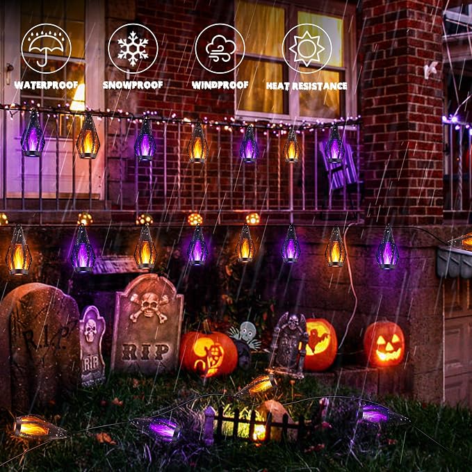 iBaycon Solar Halloween Lights, 42Ft 15 LED Bulbs Flickering Flame String Light - Image 5