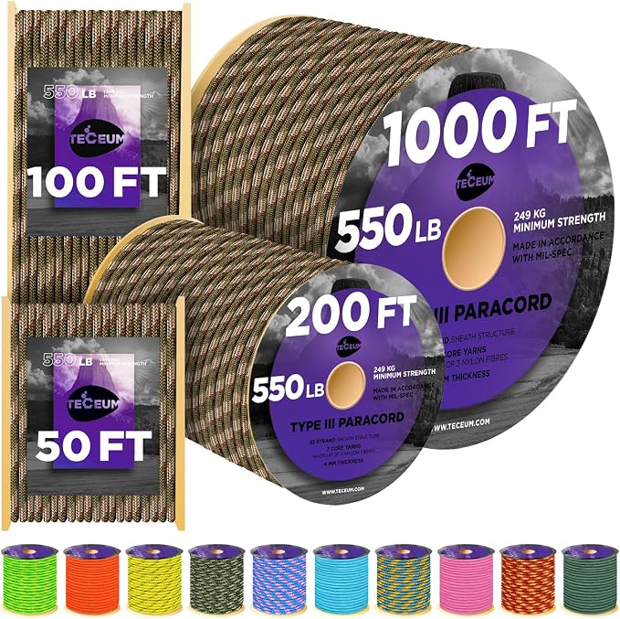 TECEUM Reflective Paracord Rope 1000 – 1000ft/200ft/100ft/50ft – 40+ Colors – by TECEUM