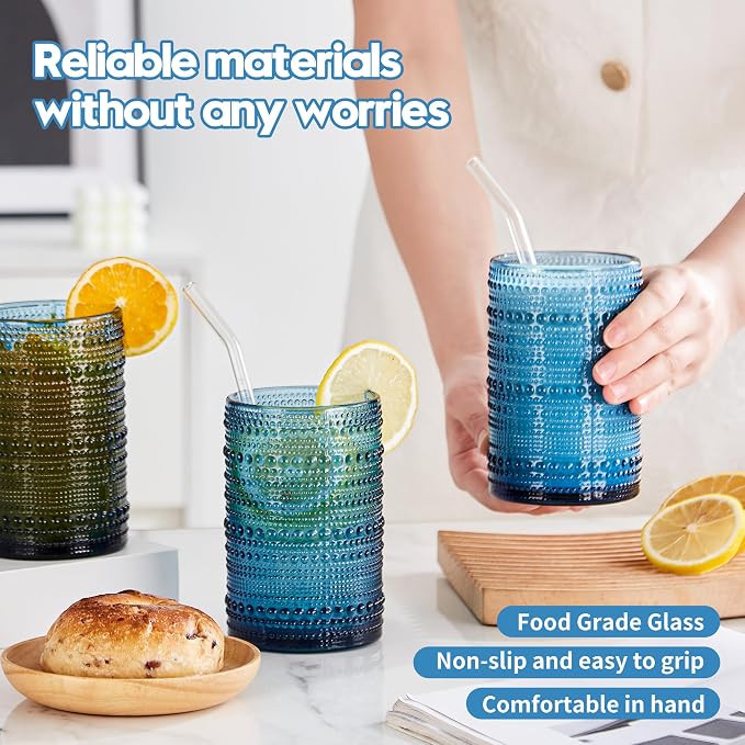 HomeVogue 15 oz Blue Hobnail Drinking Glasses - Image 3