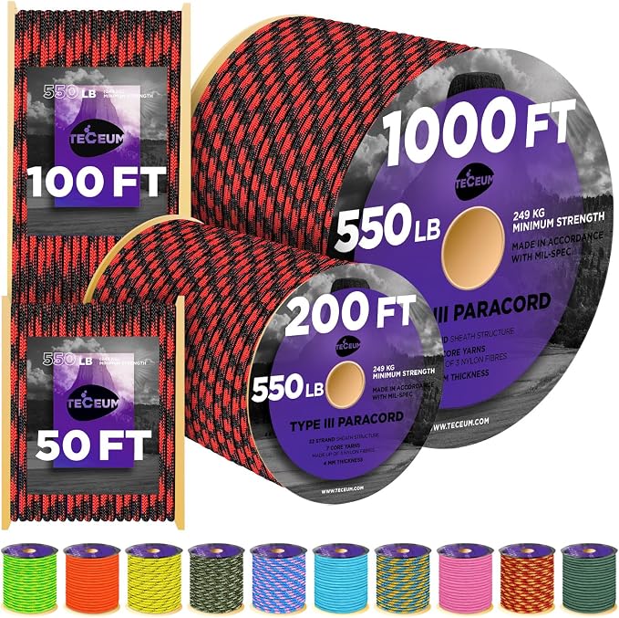 TECEUM Reflective Paracord Rope 1000 – 1000ft/200ft/100ft/50ft – 40+ Colors – by TECEUM