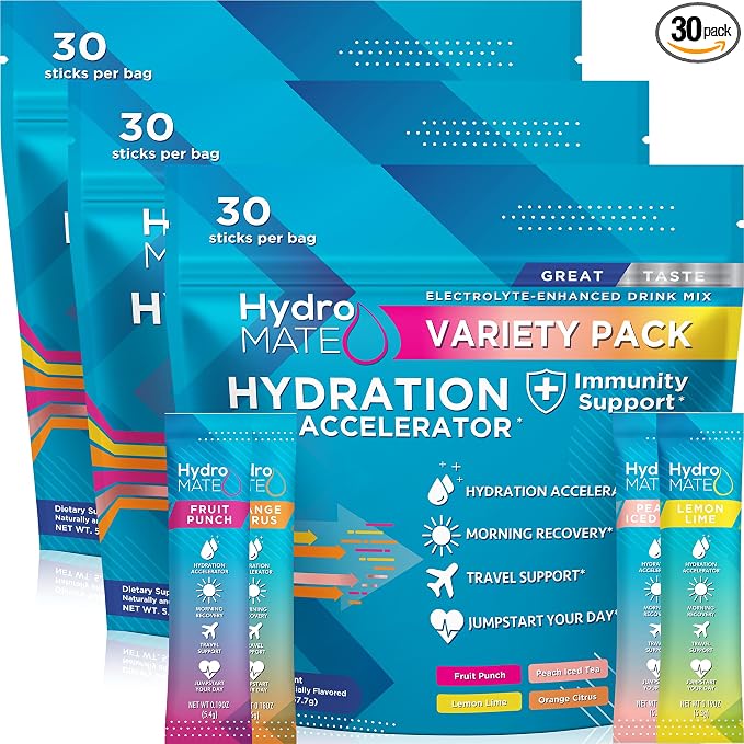 HydroMATE Electrolyte Powder Variety Pack Bulk Hydration Packets Low Sugar 90 by HydroMATE