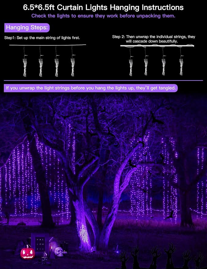 suddus Purple Curtain Lights for Halloween, 200 LED Hanging String Lights - Image 3