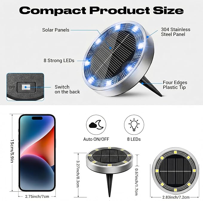 Peasur Mini Solar Ground Lights Outdoor, 8 Pack Flat Solar Powered Disc Lights - Image 5