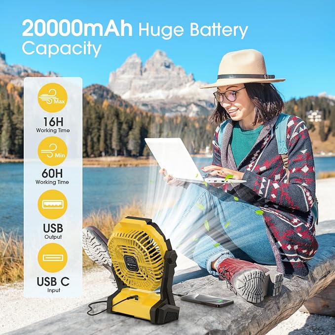 ONLYNEW Portable Fan Rechargeable, 20000mAh Cordless Battery Powered Fan - Image 2