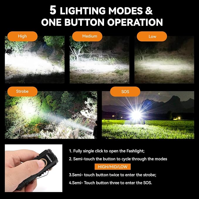 UNROEVS Mini Flashlight 2550 Lumens Rechargeable USB C Charging, Small - Image 2