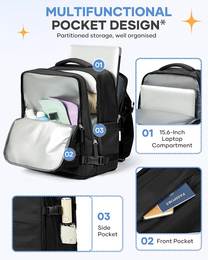 coofay Large Black Travel Backpack Carry on Flight Approved Mochila De Viaje - Image 4