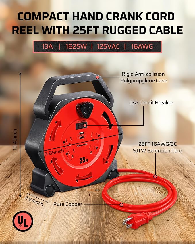 DEWENWILS Cord Reel with 4 Power Outlets, 2-USB Ports, 25FT Retractable - Image 3