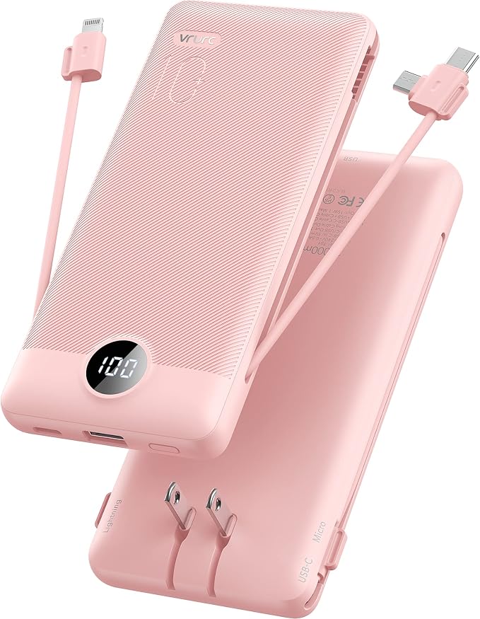 VRURC Portable Charger Built-in Cables and AC Wall Plug, USB C Power Bank by Home