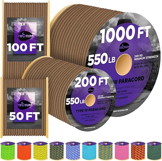 TECEUM Reflective Paracord Rope 1000 – 1000ft/200ft/100ft/50ft – 40+ Colors – by TECEUM