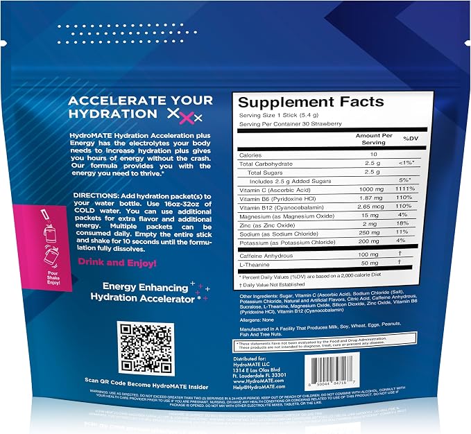 HydroMATE Electrolytes Powder Drink Mix Packets Hydration Accelerator Low Sugar - Image 3