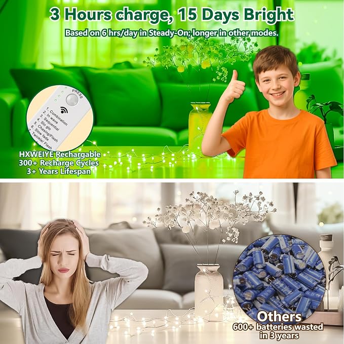 HXWEIYE Rechargeable Fairy Lights Battery Operated, DIY Timer & 8 Modes - Image 3
