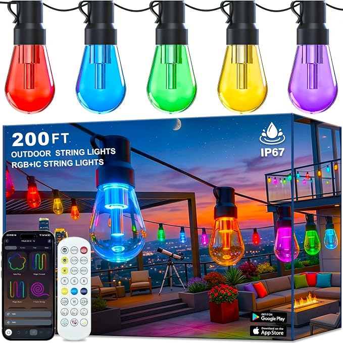Outdoor String Lights, 200FT Smart RGB+IC Patio Lights by AILBTON