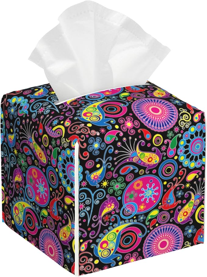 Tissue Box Cover Square, Boho Mandala Flowers and Paisley Tissue Box Holder by Unknown