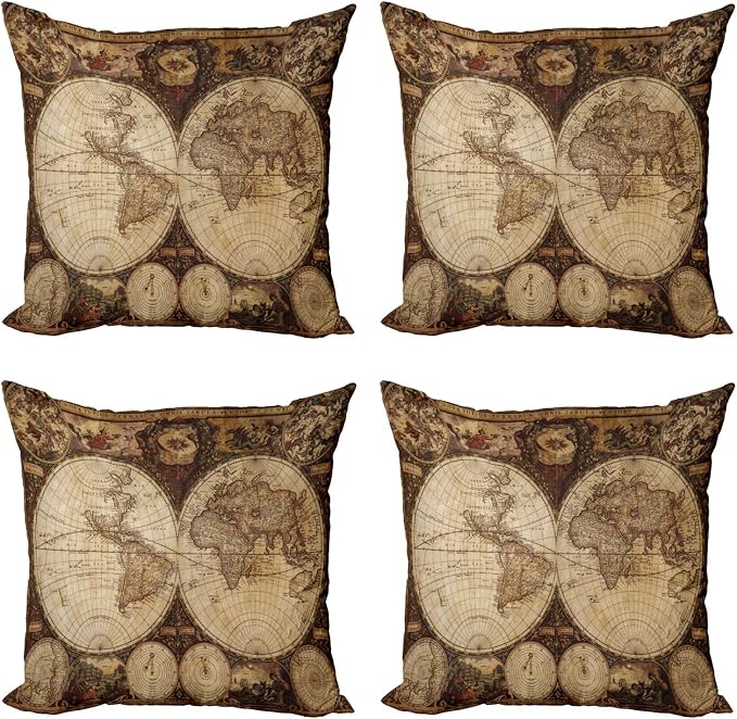 Ambesonne World Map Throw Pillow Cushion Case Pack of 4, Old World Map Drawn in by Ambesonne