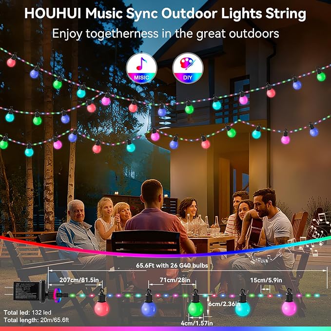 Smart Outdoor String Lights 65.6Ft, RGB IC Color Changing LED Patio Light IP67 - Image 3