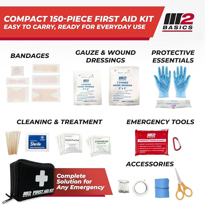M2 BASICS Compact First Aid Kit, 150 Pieces, Portable Emergency Kit - Image 3