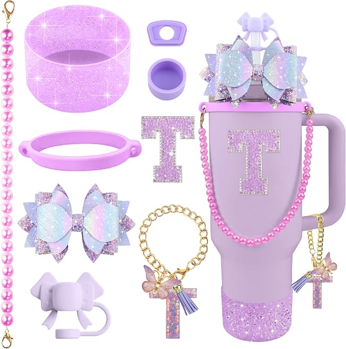 9PCS Purple for Stanley Cup Accessories Set Bling Initials Bow Charms for by Unknown