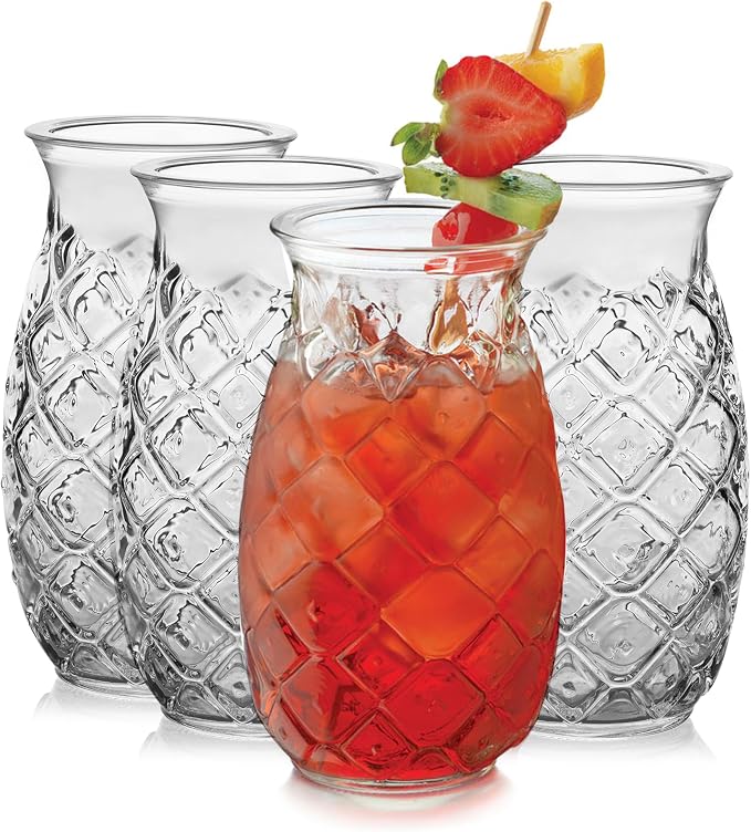 Libbey Tiki Pineapple Glasses Set of 4, Textured 17 Ounce Tiki Glasses by Libbey