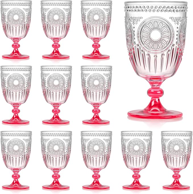XUWAIDSGN 12Pcs Plastic Vintage Wine Glasses 13.5oz Reusable Embossed Goblet by XUWAIDSGN