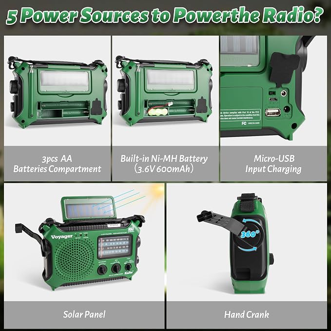 Kaito KA500GRN 5-Way Powered Emergency AM/FM/SW Weather Alert Radio - Image 3