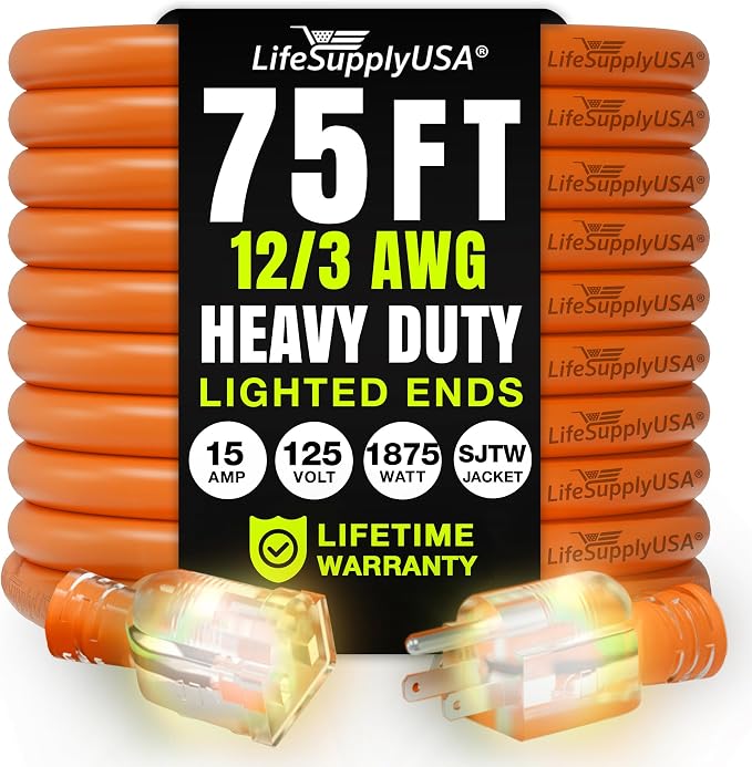 75ft Outdoor/Indoor Extension Cord 12/3 Gauge Extra Heavy Duty 3 Prong SJTW by LifeSupplyUSA
