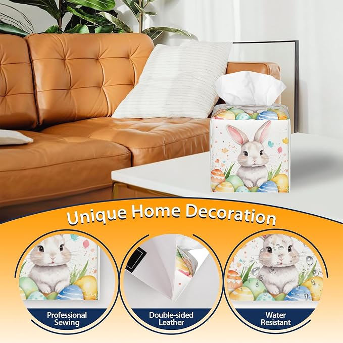 Tissue Box Cover Square, Cute Easter Rabbit and Eggs Tissue Box Holder - Image 4