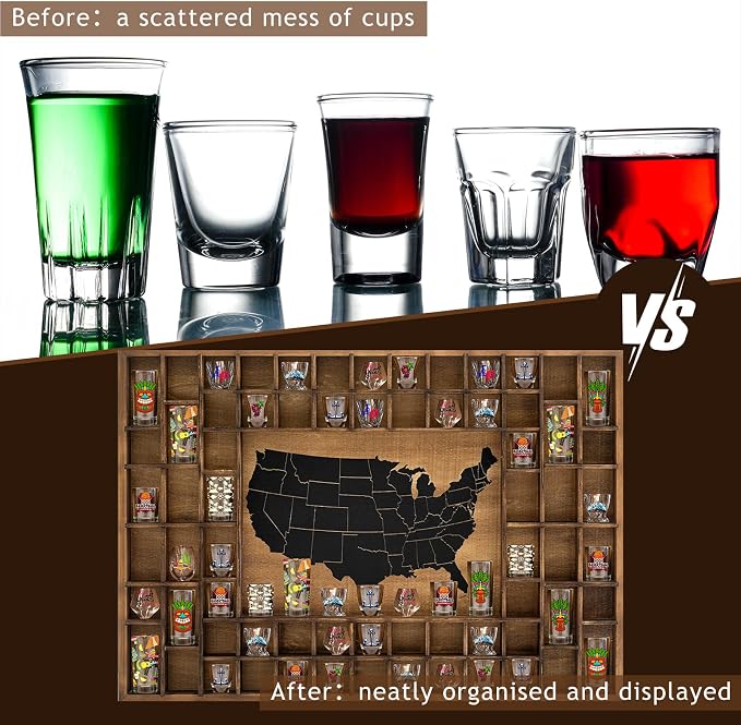 68 Slots 40 x 28'' Large World Map Shot Glass Display Case Rustic Wood Shot - Image 4