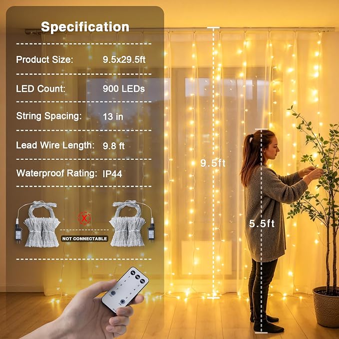 JMEXSUSS 900 LED Outdoor Curtain Lights, 9.5x29.5ft Christmas Lights Plug in - Image 6