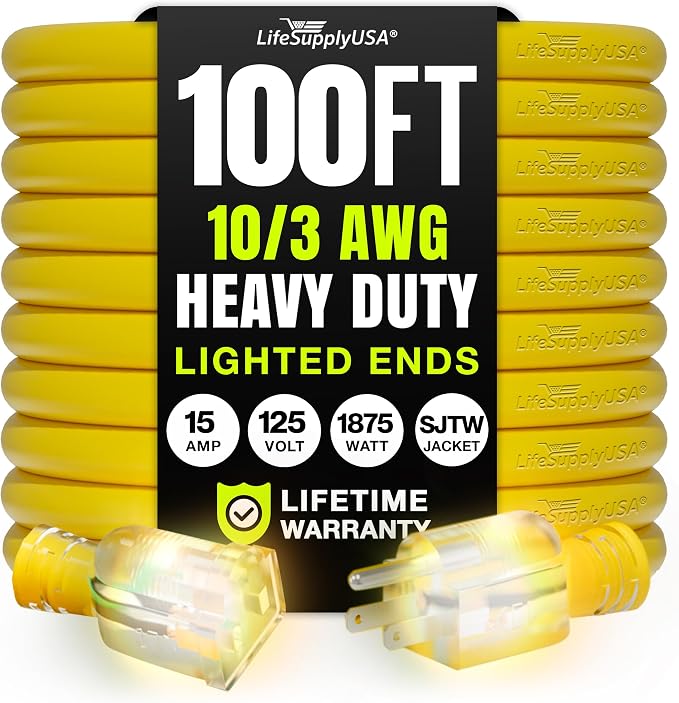 100ft Outdoor/Indoor Extension Cord 10/3 Gauge Ultra Heavy Duty 3 Prong SJTW by LifeSupplyUSA