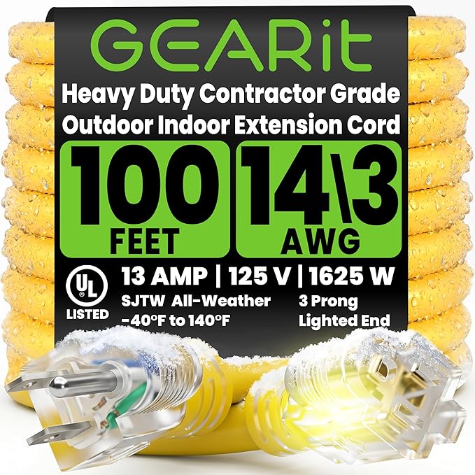 GEARit 100 Ft Extension Cords 14/3 Gauge Outdoor/Indoor SJTW 14 AWG 3 Prong by GEARit