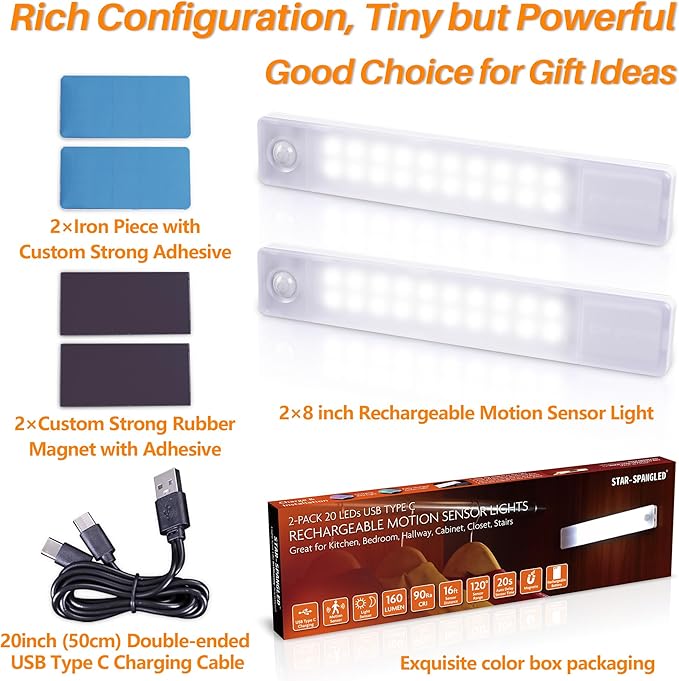 STAR-SPANGLED Under Cabinet Lighting Rechargeable, 8 inch Motion Sensor Lights - Image 4
