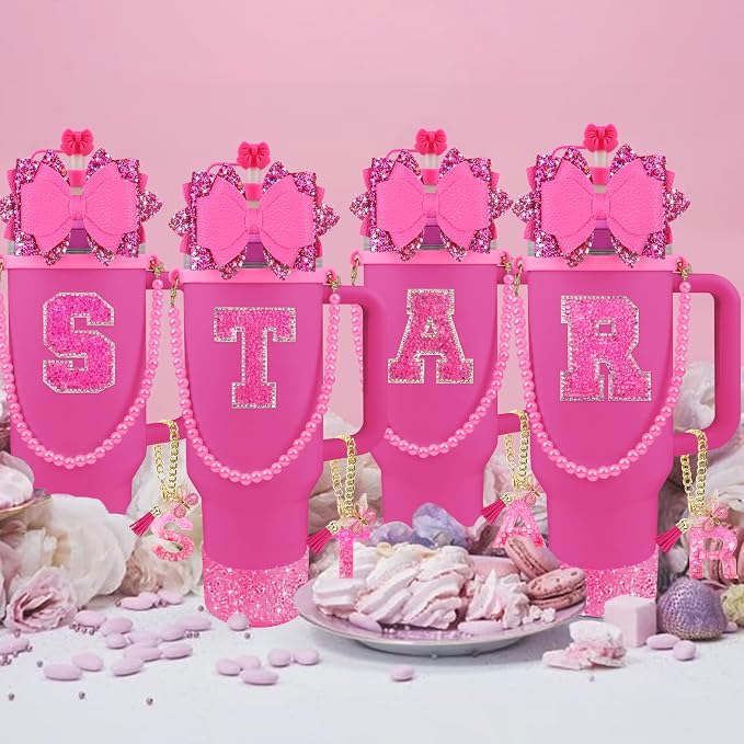 9PCS Hot Pink for Stanley Cup Accessories Set Bling Initials Bow Charms for - Image 7
