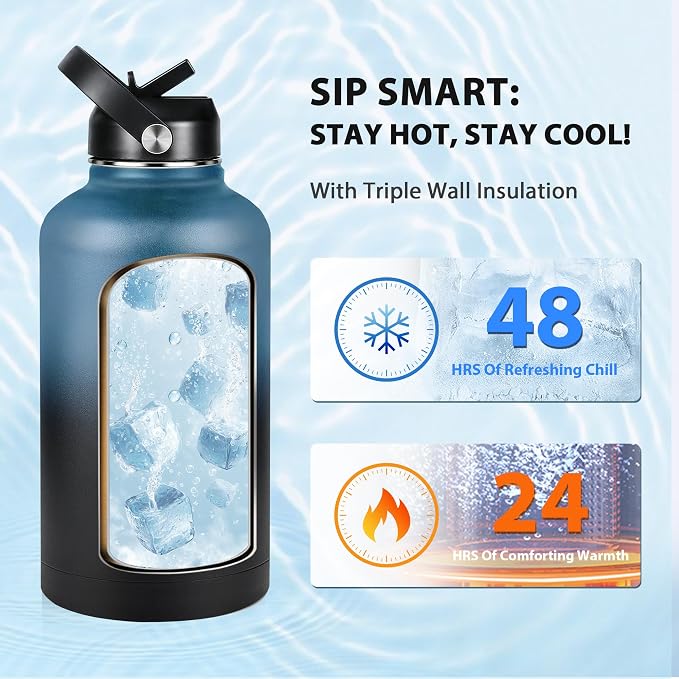 Insulated Water Bottle 64 oz, Triple Wall Vacuum Stainless Steel Water Bottles - Image 2