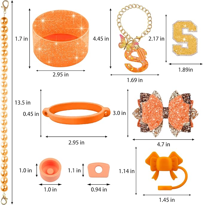 9PCS Orange for Stanley Cup Accessories Set Bling Initials Bow Charms for - Image 3