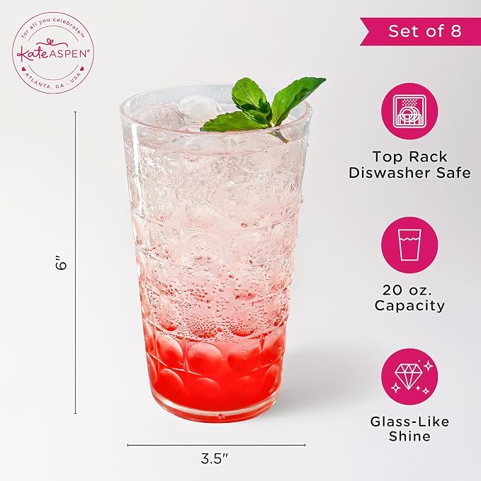 Kate Aspen Clear Plastic Drinking Glasses Set of 8, 19 oz, Hobnail Bubble - Image 6