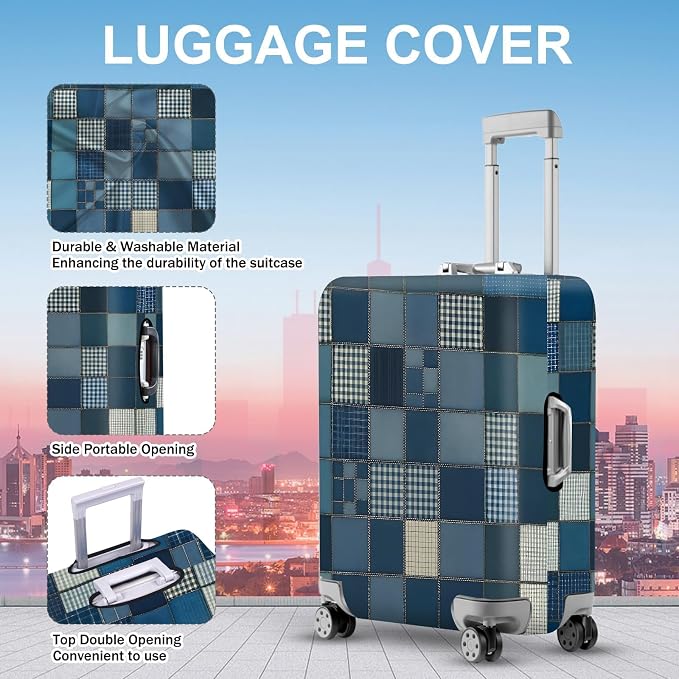 ANNA QUEEN Blue Patchwork Luggage Cover, Modern Grid Suitcase Protector - Image 2