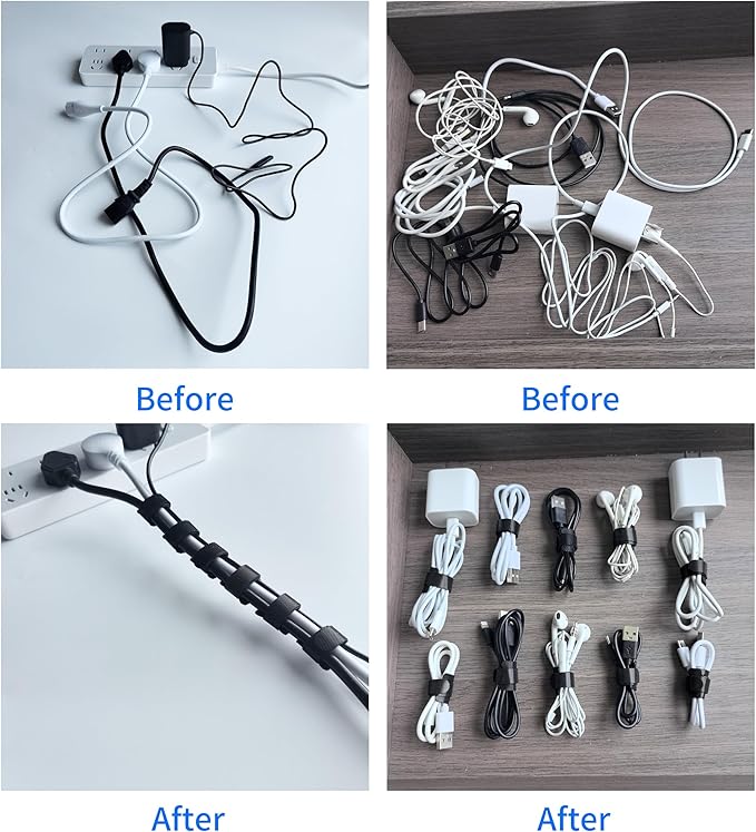 8 Inches Black Reusable Cable Ties, Cable Organizer, Cord Wrap and Hook Loop - Image 3