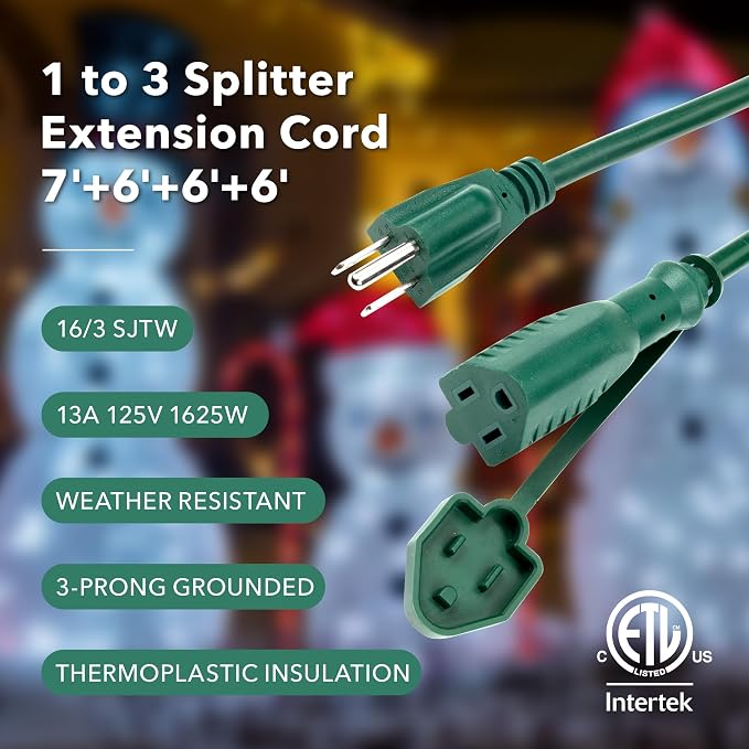 BN-LINK Outdoor Extension Cord 1 to 3 Splitter, Max 13 ft Extension, 16/3 SJTW - Image 2
