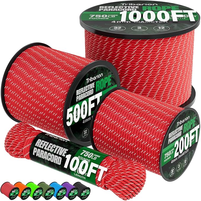 Reflective Paracord Rope 750 lb - 100ft 5/32" Parachute Cord 4MM 12-Strand para by Triberion