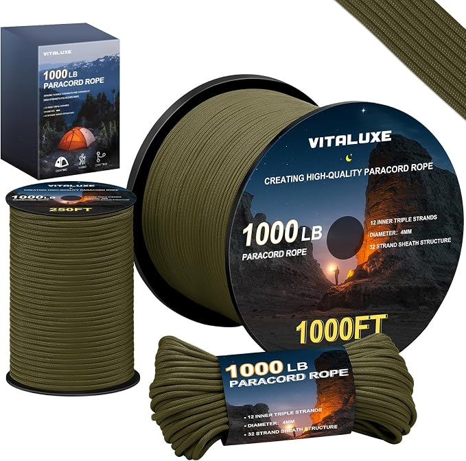 1000lb Paracord Rope, 4mm 12 Triple Strands Paracord, Heavy Duty Tactical by VITALUXE