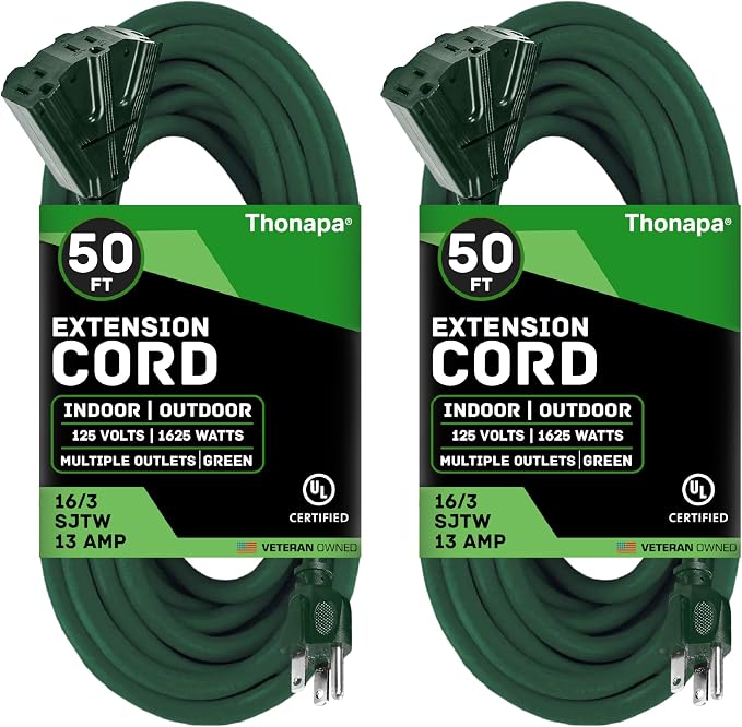 Thonapa 2 Pack 50 ft Green Outdoor Extension Cord 3 Outlet Pigtail by Thonapa